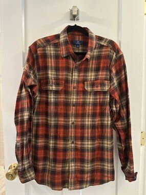 George Red and Brown Plaid Button-Down Flannel Shirt